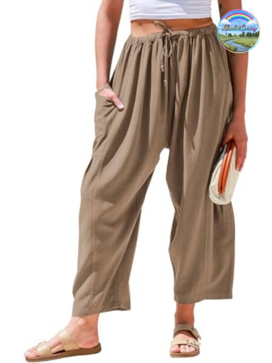 Pants - Linen Wide Leg Palazzo Pants with Pockets Drawstring Loose Fit Casual Summer